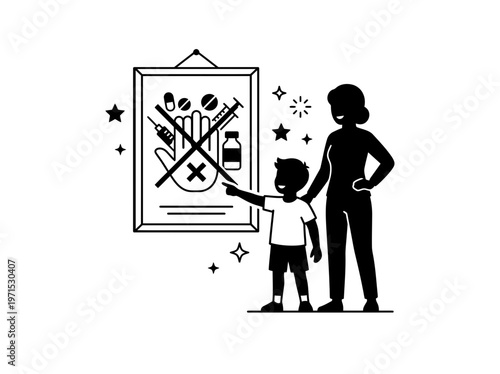 Child Drawing With Parent Guidance Anti Drug Awareness Silhouette