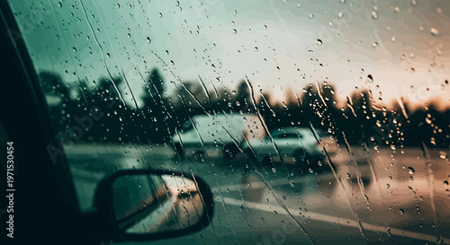 Raindrops on car window view of traffic and trees, abstract flat design vector illustration