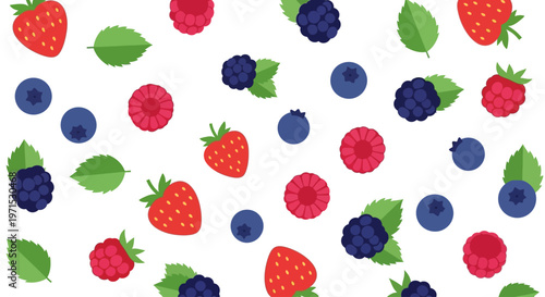 Mixed Berries and Leaves on White.