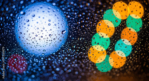 Close-up macro view of water droplets on glass with colorful bokeh lights background, abstract vector illustration