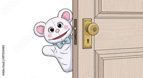 Smiling cartoon mouse peeking from door.