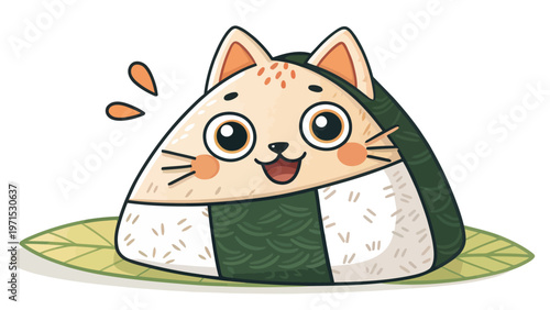 Cute cartoon cat shaped like onigiri rice ball with seaweed smiling and sitting on green leaf plate japanese food concept