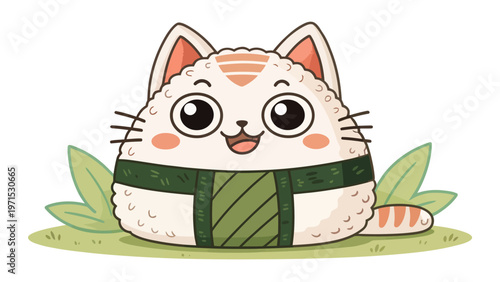 Cute cartoon cat shaped like onigiri rice ball with seaweed smiling and sitting on green leaves white background