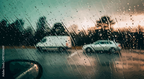 Rainy day commute through car window with water drops and blurred traffic lights vector illustration