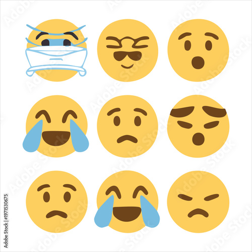 Set of colorful emoji icons featuring different facial expressions and medical mask protection use