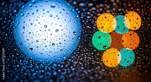 Close-up of water droplets on glass with colorful bokeh lights, abstract background vector illustration