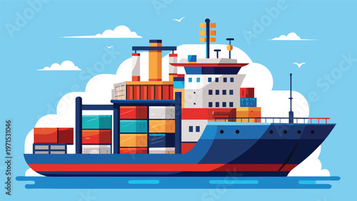 Container Ship at Sea: A large cargo container ship navigates the ocean under a partly cloudy sky, representing global trade, logistics, and maritime transport