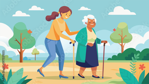 Kindness and Care: A young woman assists an elderly woman, walking with canes in a park, symbolizing compassion, support, and intergenerational connection