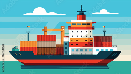 Container Ship at Sea: A large cargo container ship navigates the ocean under a partly cloudy sky, representing global trade, logistics, and maritime transport