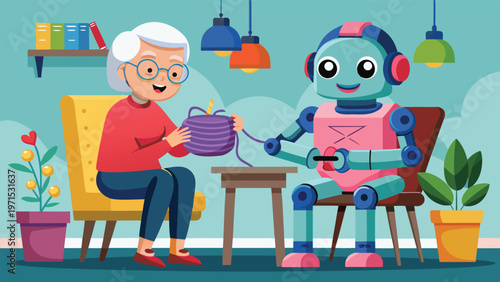 Elderly Woman and Robot Companion: An elderly woman with glasses and a robot with a friendly expression interact, symbolizing the future of companionship and care