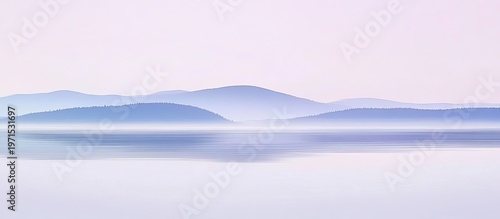 Serene Blue Mountain Range Reflected in Calm Water, Minimalist Landscape