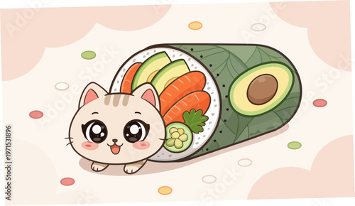 Cute kawaii kitten emerging from sushi roll with vegetables and avocado