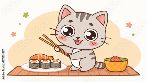 Cute kawaii kitten holding sushi chopsticks on a plate with rolls and bowl of food on a table