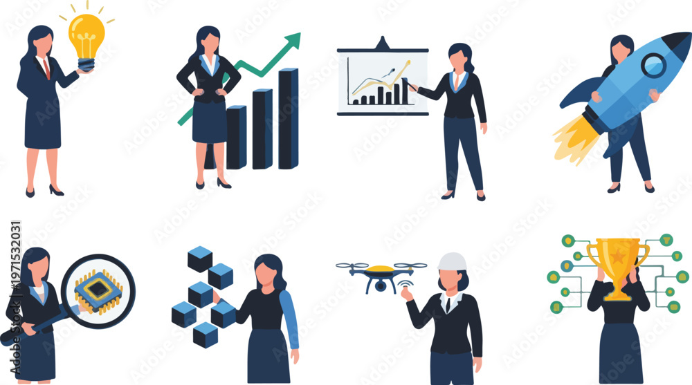 Fototapeta premium Businesswoman in various poses and actions demonstrating different business concepts vector illustration set.