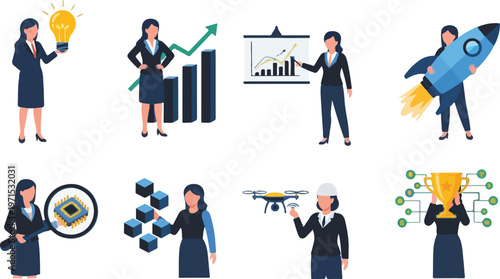 Businesswoman in various poses and actions demonstrating different business concepts vector illustration set.