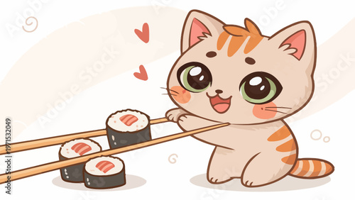 Kawaii orange kitten holding sushi chopsticks adorable food lover with hearts japanese cuisine concept