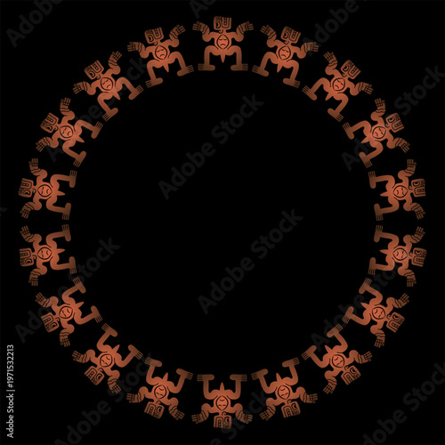 Round ethnic frame with south american indigenous design. Red figurines of fantastic characters on black background.