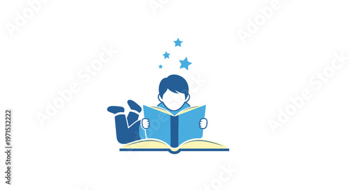 Boy reading book with stars.