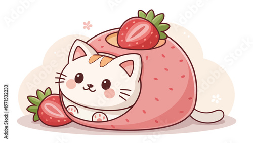 Adorable kitten dressed as strawberry mochi dessert with fresh strawberries on white background