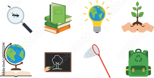 Collection of educational and nature-themed items includes magnifying glass books earth globe backpack with nature elements.
