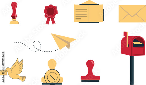 Collection of mail and postage icons including stamps envelope mailbox paper airplane and dove.