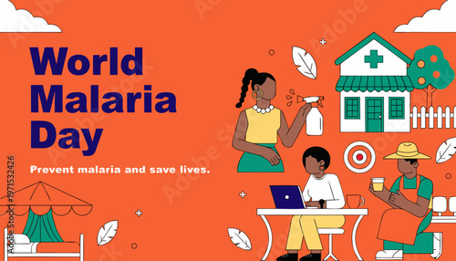 World malaria day poster with people and clinic promoting prevention and saving lives with save lives with public health with fight malaria with flat design