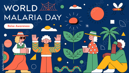 World malaria day illustration with diverse people raising awareness and stylized elements with public health with fight malaria with flat design with raise awareness with save lives