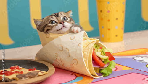 Cute cat wrapped like burrito with salad and vegetables sitting on colorful table with pizza plate funny food fusion concept with tabby kitten