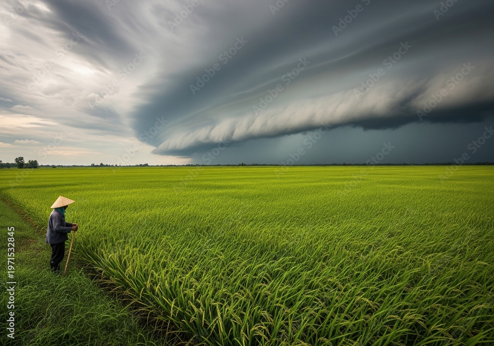 Fototapeta premium Farmer in a rice field under a dramatic storm cloud formation