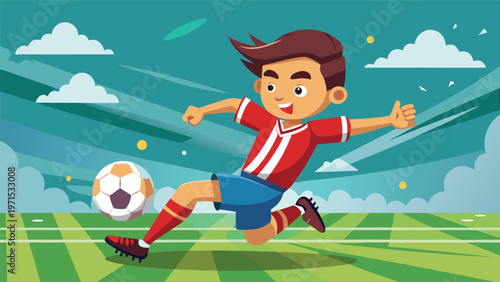 Young soccer player kicking a goal on a sunny stadium energetic youth sports action, teamwork, and athletic enthusiasm illustration