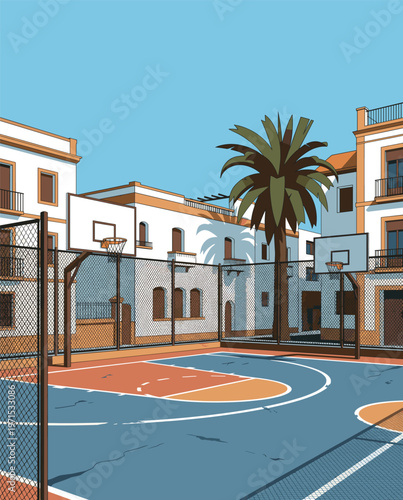 Basketball Illustration, Dynamic Sports Artwork, Court Action Scene with Dramatic Lighting