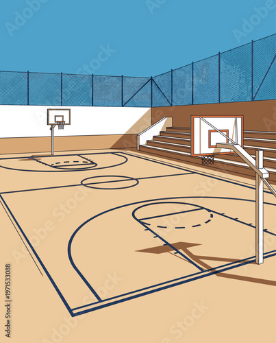 Basketball Illustration, Dynamic Sports Artwork, Court Action Scene with Dramatic Lighting