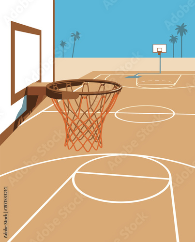 Basketball Illustration, Dynamic Sports Artwork, Court Action Scene with Dramatic Lighting