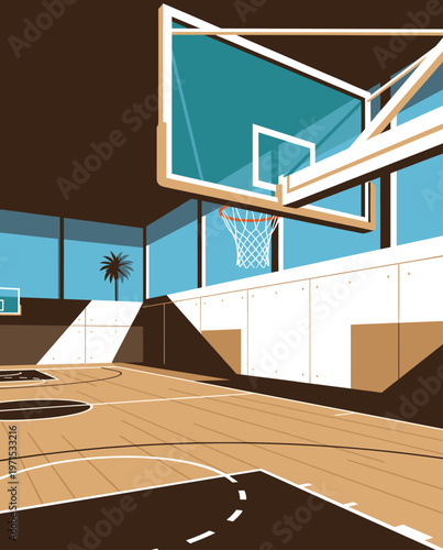 Basketball Illustration, Dynamic Sports Artwork, Court Action Scene with Dramatic Lighting