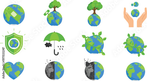 Environmental icons depicting global sustainability and ecological preservation showcasing various earth protection concepts.