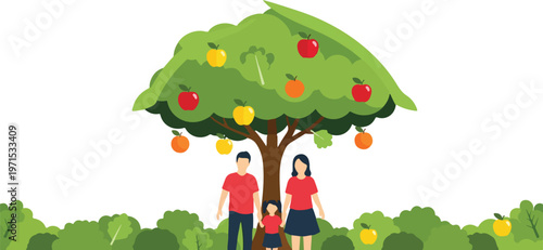 Family under green apple tree, abundance, healthy life, fruit bearing, nature, healthy family, outdoors, park, lifestyle.