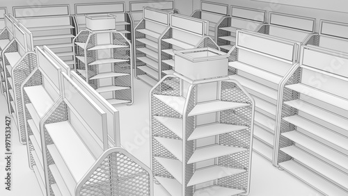 Outline drawing of supermarket interior with metal double-sided shelving with blank topper and diamond grid. 3d illustration