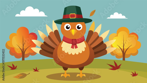 Cute Thanksgiving turkey wearing a pilgrim hat among pumpkins and falling autumn leaves festive holiday illustration