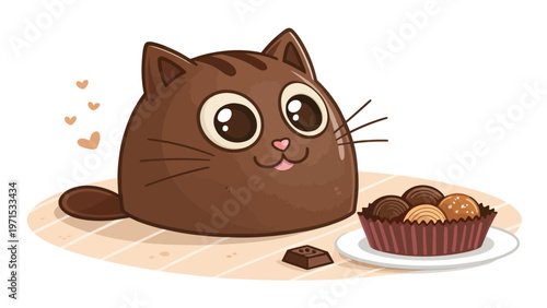 Cute chocolate cat mascot sitting with sweet treats and truffles on a plate conveying happiness and love for candy