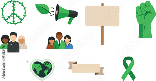 Global environmental activism icons including peace symbol megaphone protest sign raised fist and earth heart illustration.