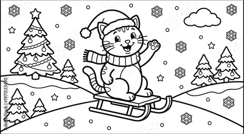 Happy kitten in santa hat riding sled on snowy hill. Winter holidays scene with christmas tree and snowflakes. Cute cartoon animal illustration for kids coloring book activity. Festive landscape.