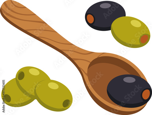 Green and black olives with wooden spoon. Mediterranean food ingredients and kitchen utensils isolated on white.