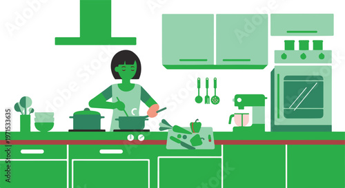 Kitchen interior scene with woman cooking at stove featuring green cabinets oven coffee maker and fresh vegetables table.