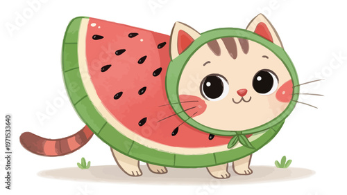 Cute cartoon cat dressed as watermelon slice kawaii summer food costume adorable animal in fruit outfit