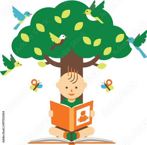 Little boy sitting cross-legged reading book under green tree surrounded by flying birds and colorful butterflies.