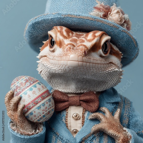 Lizard's delightful easter egg moment on a serene canvas. Elegant presentation. Easter egg bliss: lizard's serene and festive presentation. Upscale style. Stylish concept.