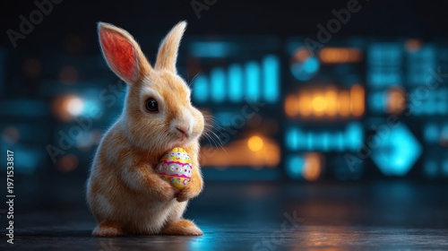 Springtime cheer: playful bunny with easter egg on a bright card. Interactive charts. Charming multicolor bunny holding easter egg against solid background. Digital analytics.
