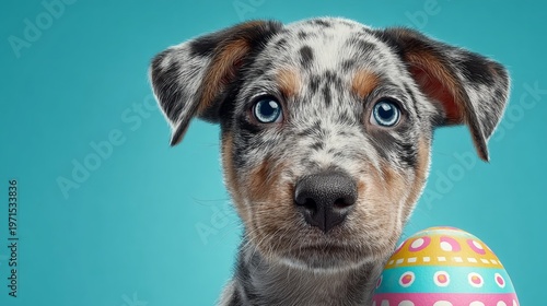 Heartfelt easter greetings with an adorable puppy and artistic egg. Press photo. Cheerful puppy basking in easter bliss with a pastel-patterned egg. Real moment. Genuine view.