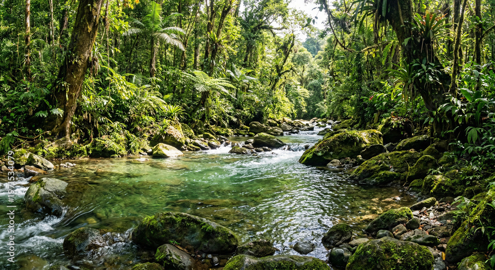 Fototapeta premium Clean Flowing River in Lush Green Tropical Forest No People Earth Day Water Conservation Nature