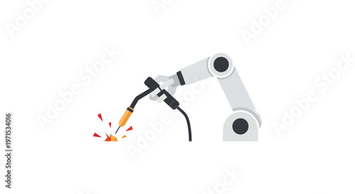 Industrial robotic arm with welding torch.